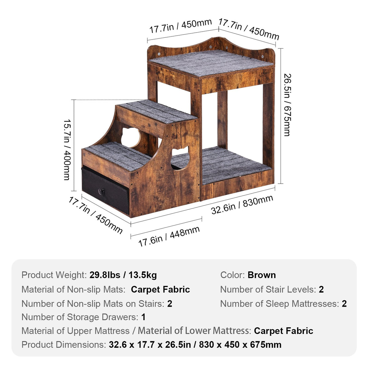VEVOR Two-Tier Pet Bed with Stairs, Storage and Window Perch, Brown