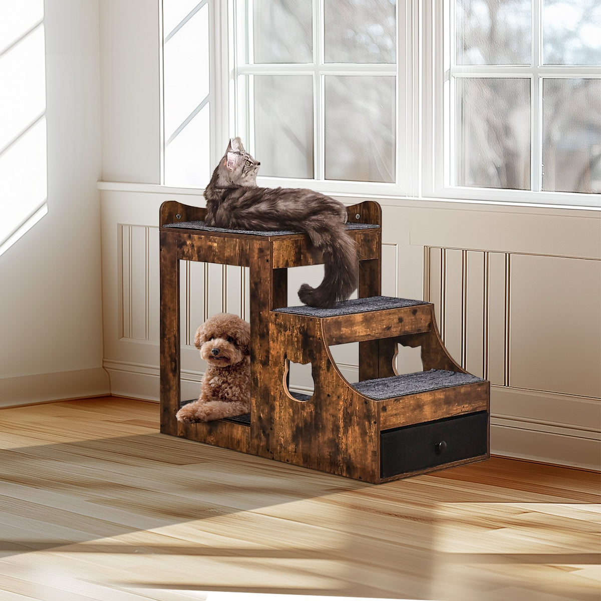 VEVOR Two-Tier Pet Bed with Stairs, Storage and Window Perch, Brown