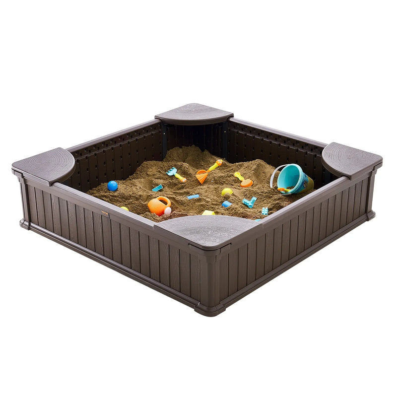 VEVOR smilšu kaste ar pārsegu, kvadrātveida HDPE smilšu kaste 123,5 × 123,5 × 31,5 cm ar 4 stūra sēdvietām un apakšas oderi, bērnu smilšu kaste lietošanai pagalmā, pludmalē vai parkā, piemērota bērniem no 3 līdz 12 gadiem, brūnā krāsā