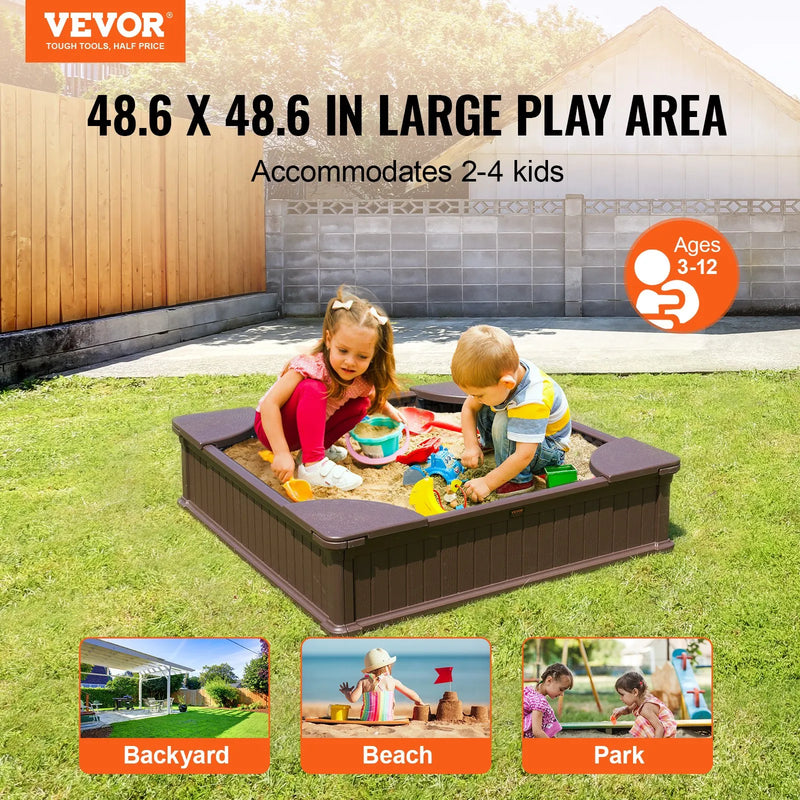 VEVOR smilšu kaste ar pārsegu, kvadrātveida HDPE smilšu kaste 123,5 × 123,5 × 31,5 cm ar 4 stūra sēdvietām un apakšas oderi, bērnu smilšu kaste lietošanai pagalmā, pludmalē vai parkā, piemērota bērniem no 3 līdz 12 gadiem, brūnā krāsā