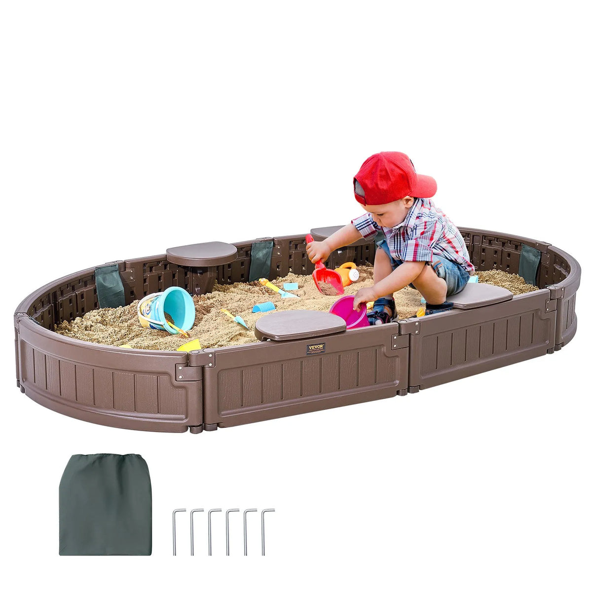 VEVOR Oval Sandbox with Cover and 4 Seats, HDPE, 183 × 105.5 × 23 cm, Brown