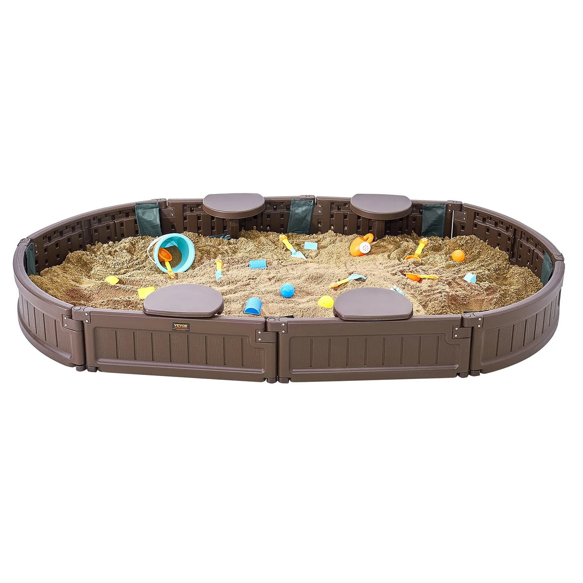 VEVOR Oval Sandbox with Cover and 4 Seats, HDPE, 183 × 105.5 × 23 cm, Brown
