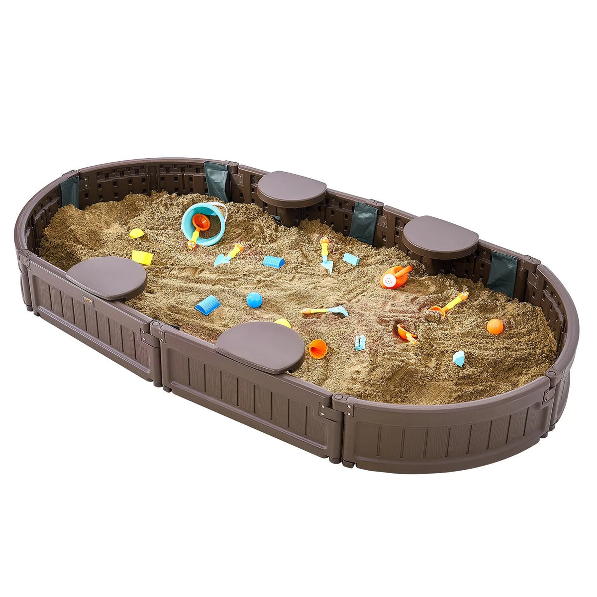 VEVOR Oval Sandbox with Cover and 4 Seats, HDPE, 183 × 105.5 × 23 cm, Brown