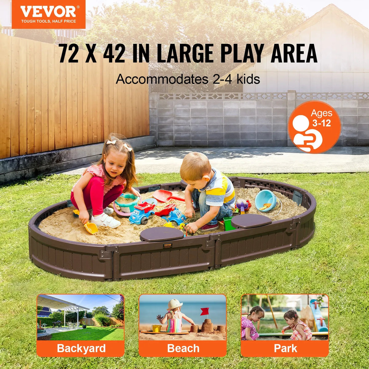 VEVOR Oval Sandbox with Cover and 4 Seats, HDPE, 183 × 105.5 × 23 cm, Brown
