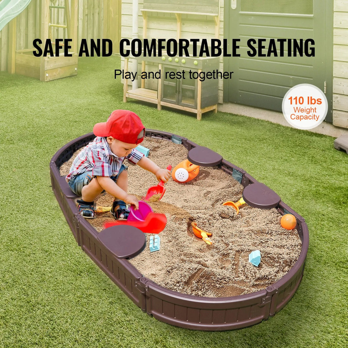 VEVOR Oval Sandbox with Cover and 4 Seats, HDPE, 183 × 105.5 × 23 cm, Brown