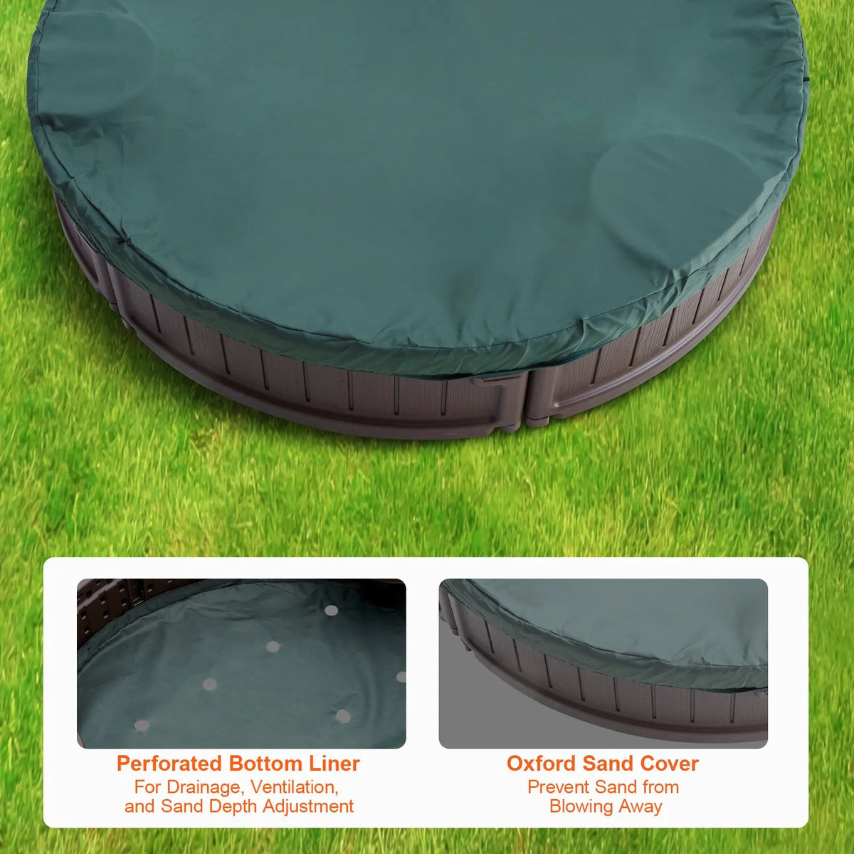 VEVOR Oval Sandbox with Cover and 4 Seats, HDPE, 183 × 105.5 × 23 cm, Brown