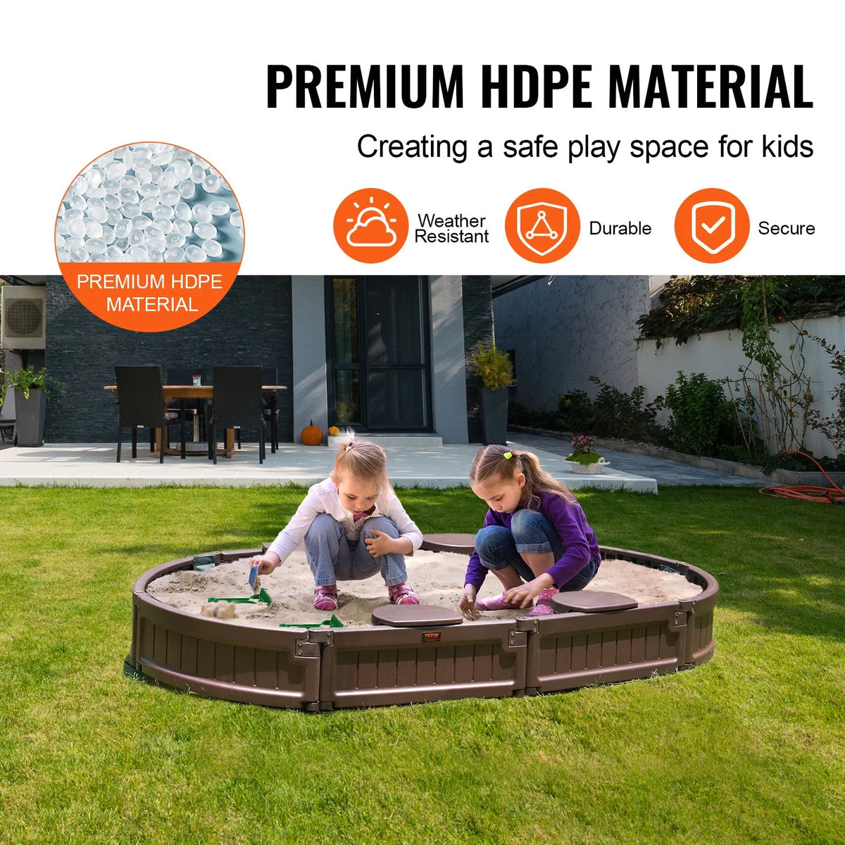 VEVOR Oval Sandbox with Cover and 4 Seats, HDPE, 183 × 105.5 × 23 cm, Brown