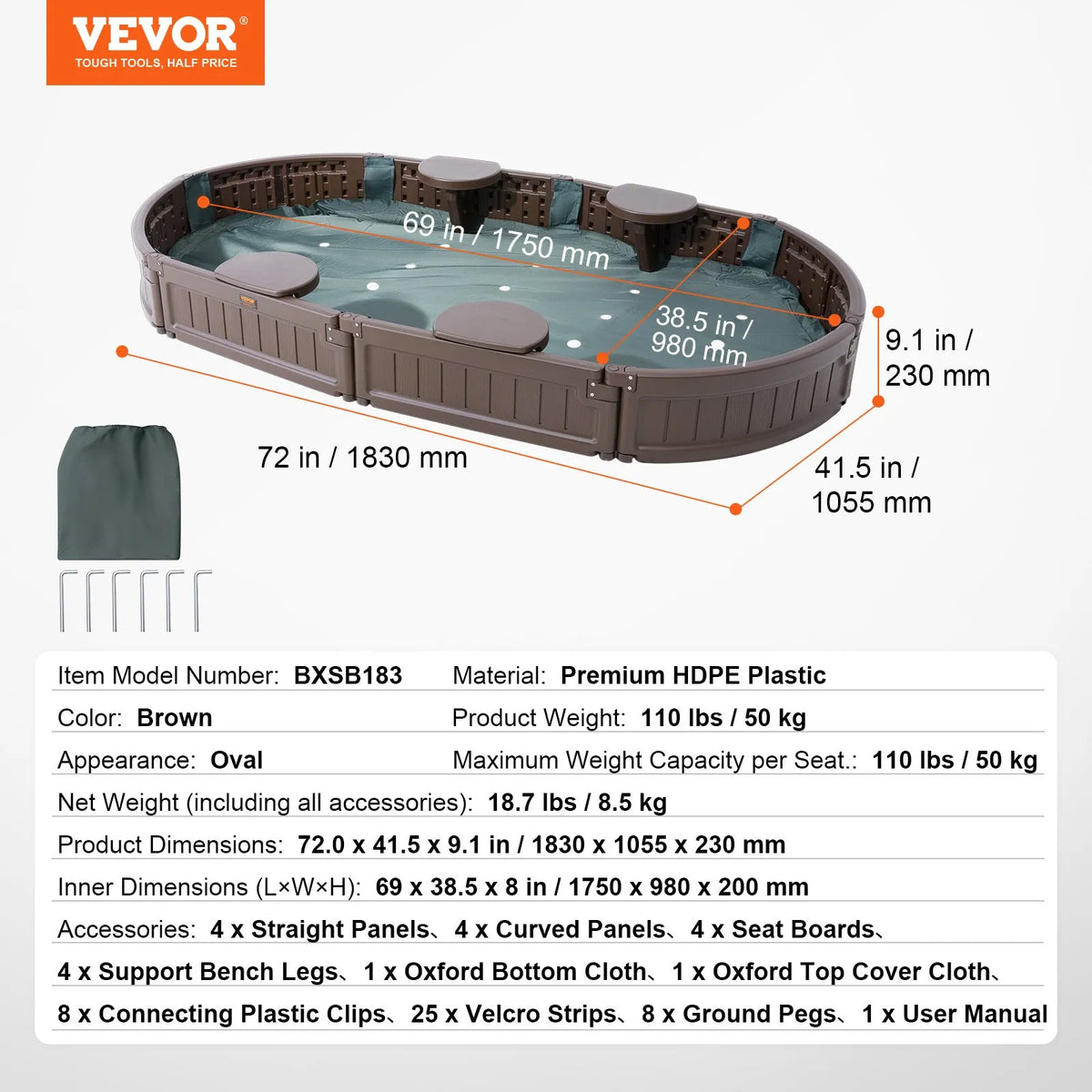 VEVOR Oval Sandbox with Cover and 4 Seats, HDPE, 183 × 105.5 × 23 cm, Brown