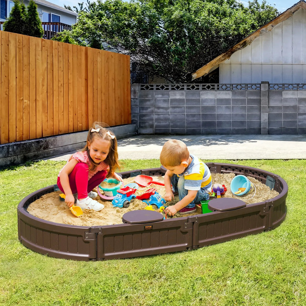 VEVOR Oval Sandbox with Cover and 4 Seats, HDPE, 183 × 105.5 × 23 cm, Brown