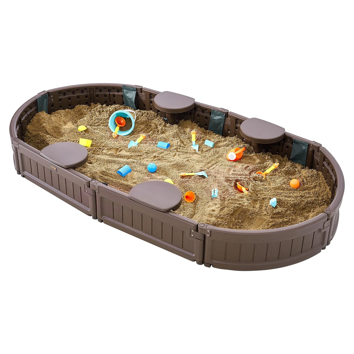 VEVOR Oval Sandbox with Cover and 4 Seats, HDPE, 183 × 105.5 × 23 cm, Brown