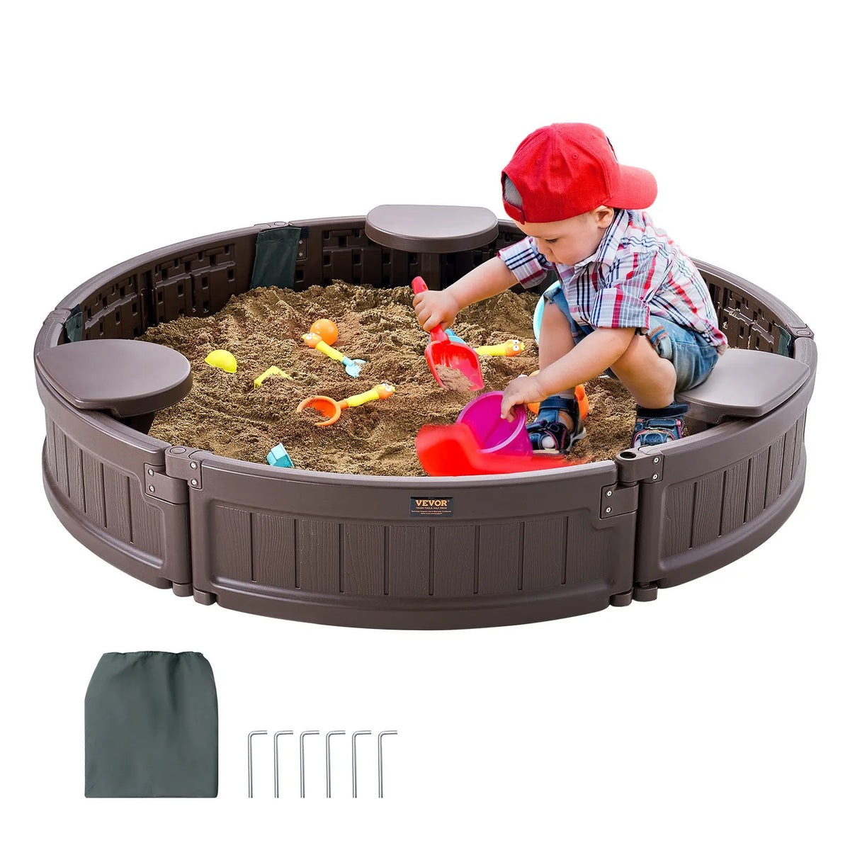 VEVOR Round Sandbox with Cover and 3 Seats, HDPE, Ø 120 × 23 cm, Brown