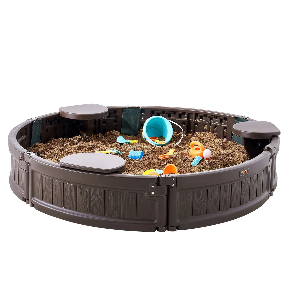 VEVOR Round Sandbox with Cover and 3 Seats, HDPE, Ø 120 × 23 cm, Brown
