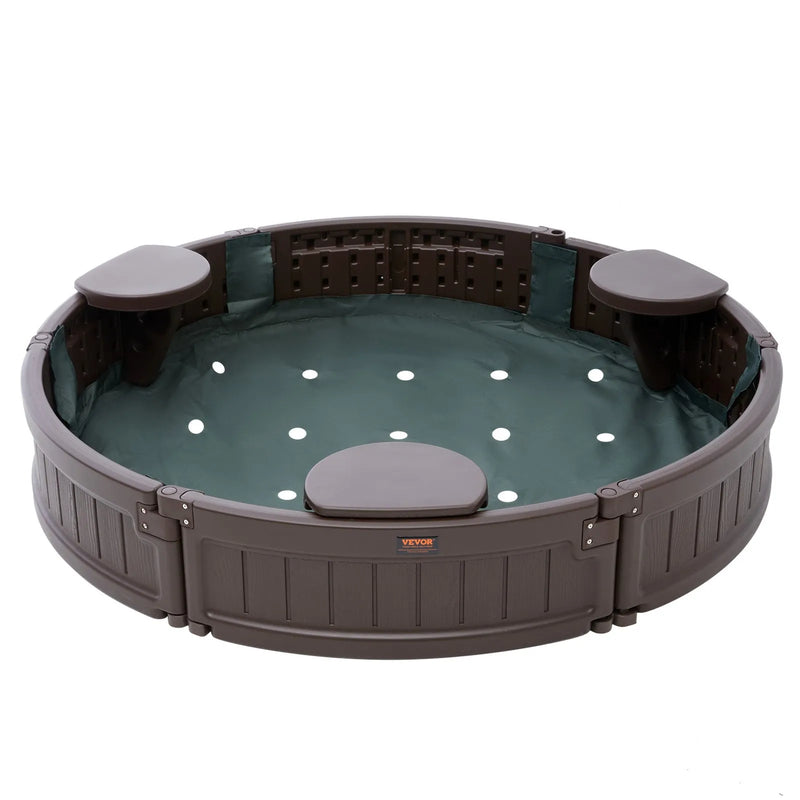 VEVOR smilšu kaste ar pārsegu, apaļa HDPE smilšu kaste Ø120 × 23 cm ar 3 stūra sēdvietām un apakšas oderi, bērnu smilšu kaste lietošanai pagalmā, pludmalē vai parkā, piemērota bērniem no 3 līdz 12 gadiem, brūnā krāsā