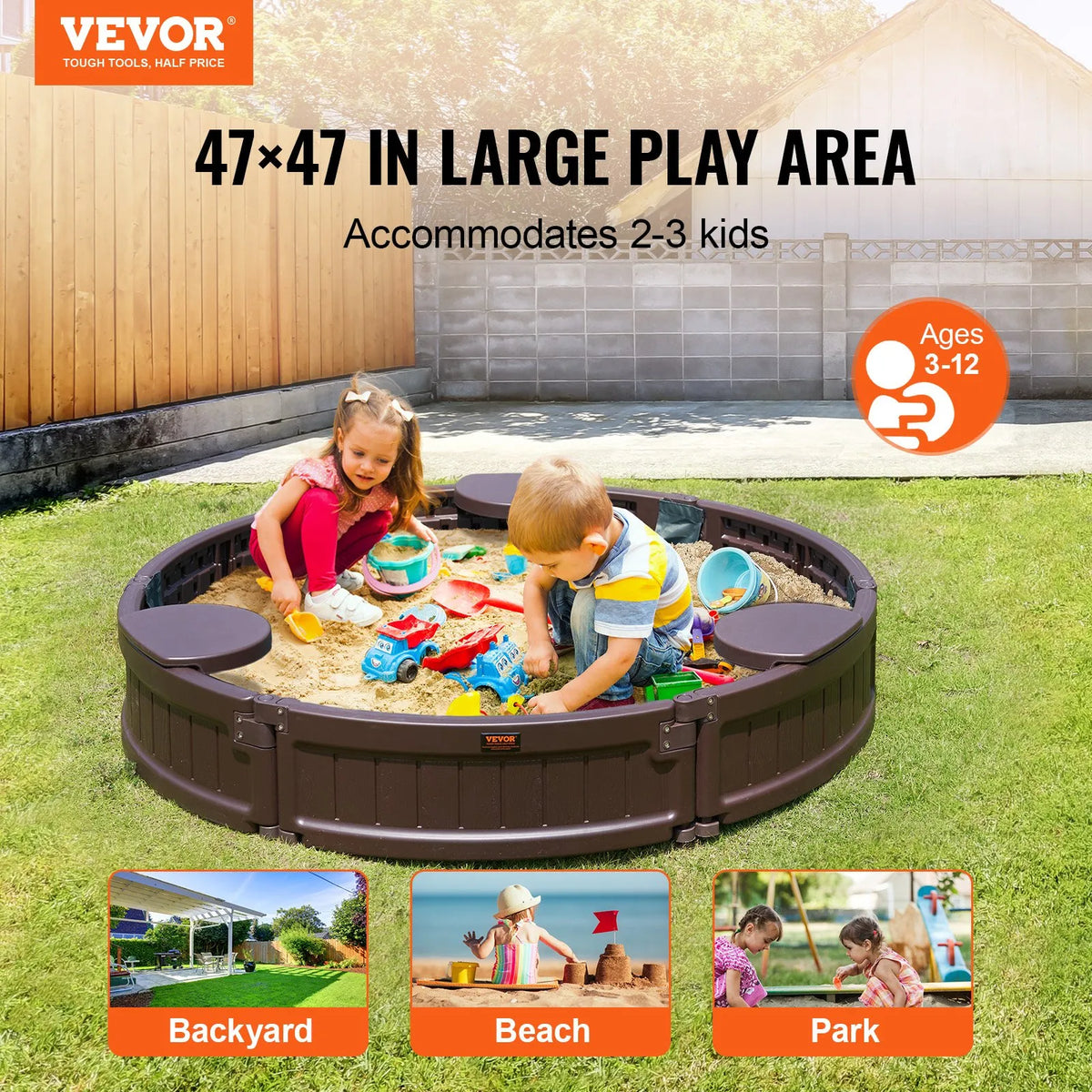 VEVOR Round Sandbox with Cover and 3 Seats, HDPE, Ø 120 × 23 cm, Brown
