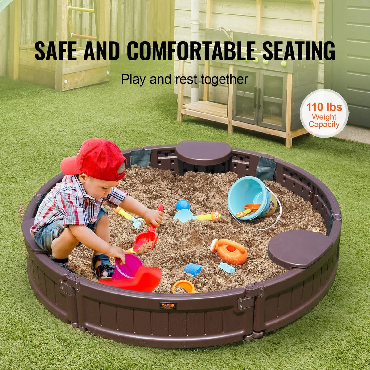 VEVOR Round Sandbox with Cover and 3 Seats, HDPE, Ø 120 × 23 cm, Brown