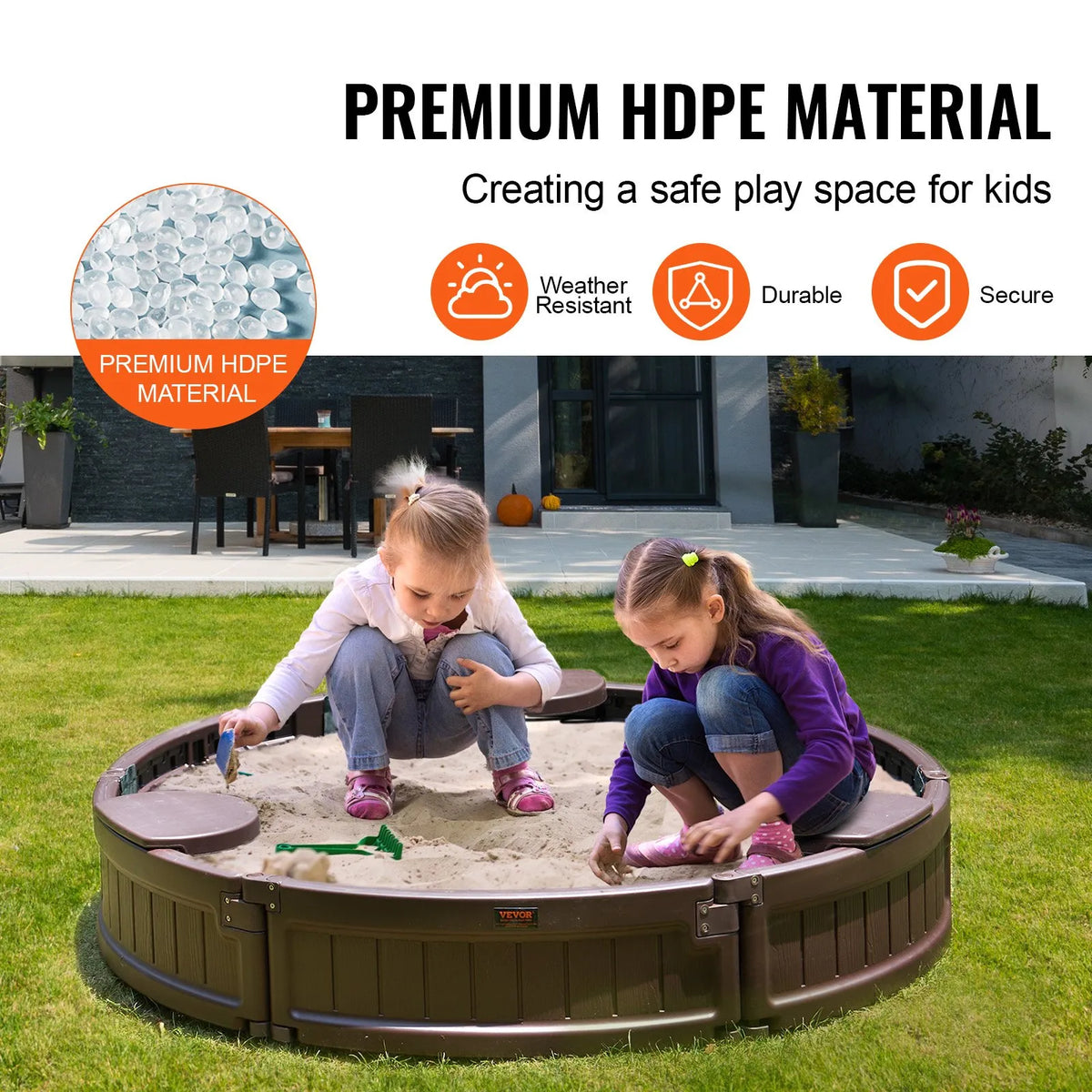 VEVOR Round Sandbox with Cover and 3 Seats, HDPE, Ø 120 × 23 cm, Brown