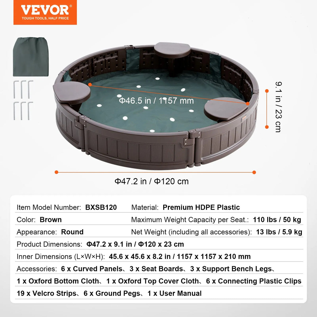 VEVOR Round Sandbox with Cover and 3 Seats, HDPE, Ø 120 × 23 cm, Brown