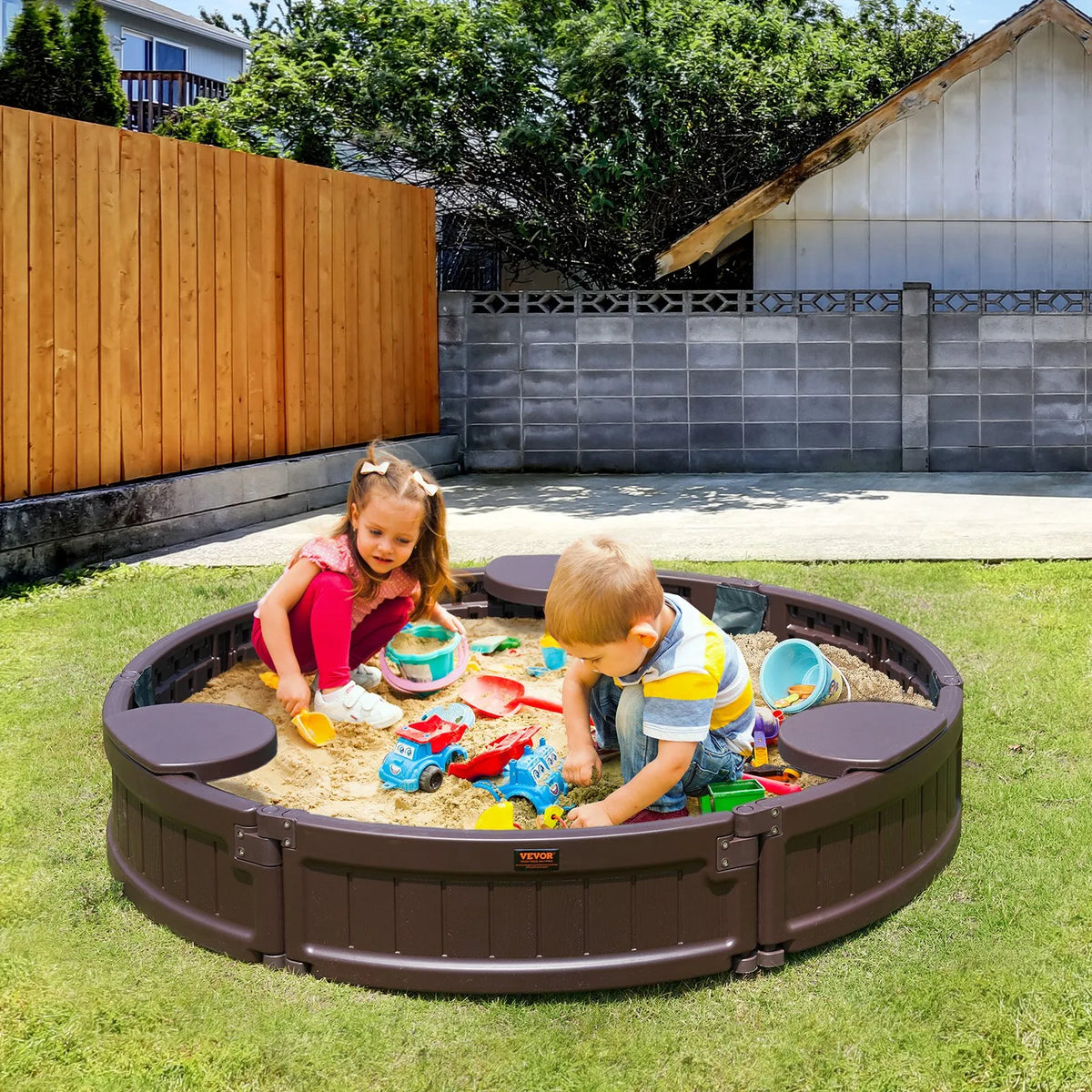 VEVOR Round Sandbox with Cover and 3 Seats, HDPE, Ø 120 × 23 cm, Brown