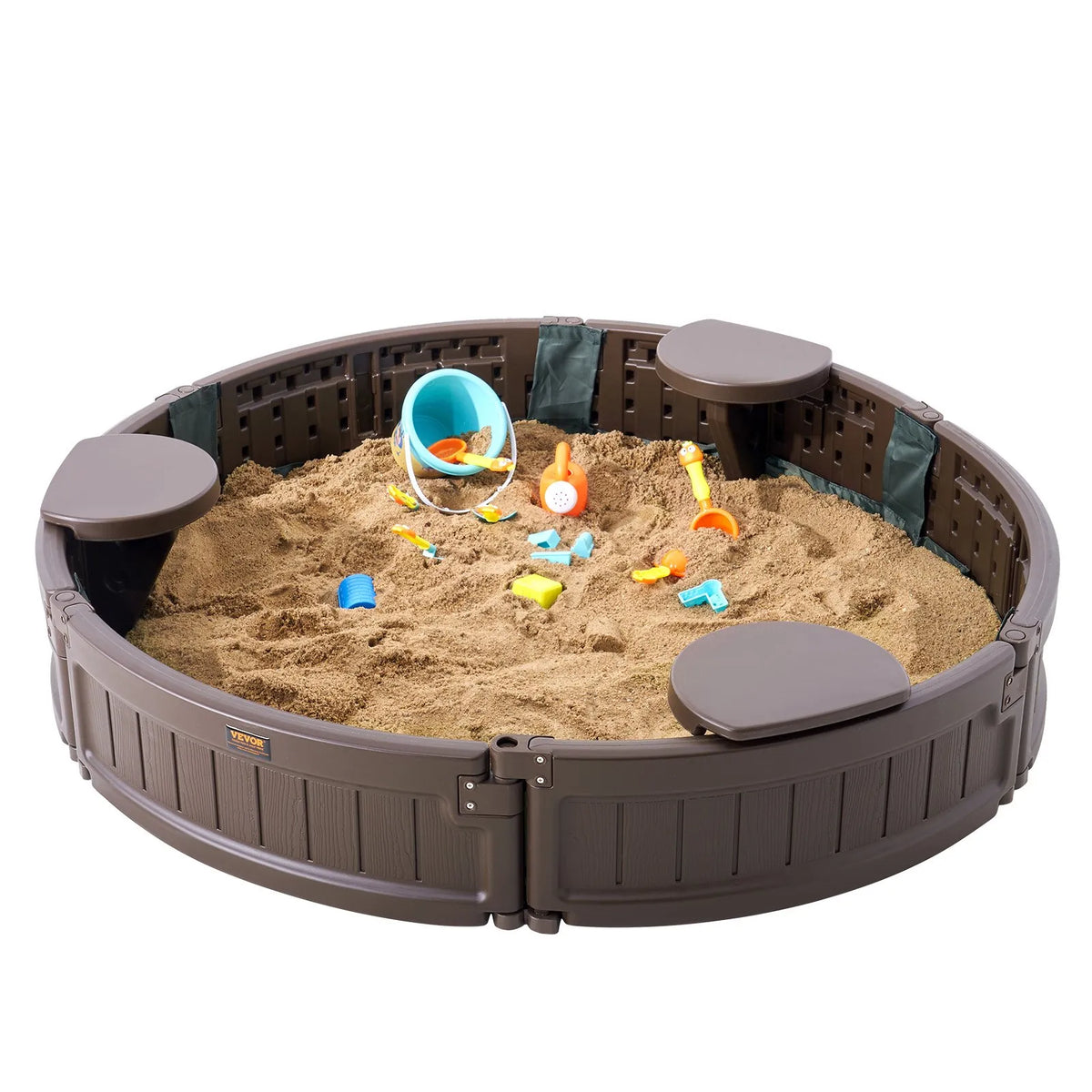 VEVOR Round Sandbox with Cover and 3 Seats, HDPE, Ø 120 × 23 cm, Brown