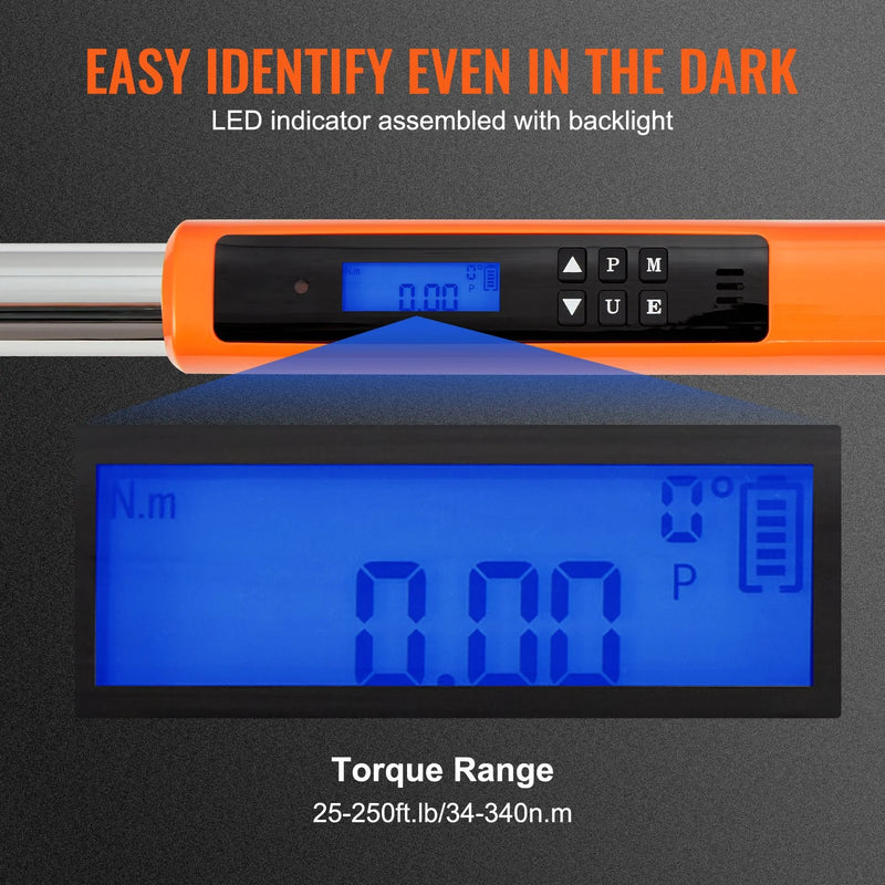 Digitālais momentslēdzis 12,7 mm, 34–340 Nm, ±2 % precizitāte, 3 režīmu komplekts ar LED un skaņas signālu