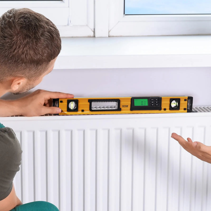 VEVOR magnētiskais torpēdas līmeņrādis 600 mm ar LED apgaismotu displeju, mehāniskiem burbuļlīmeņiem un 0 - 360° lineālu, alumīnija sakausējuma līmeņošanas instruments ar skatlogu santehnikai un kokapstrādei - ZEMLETES.LV