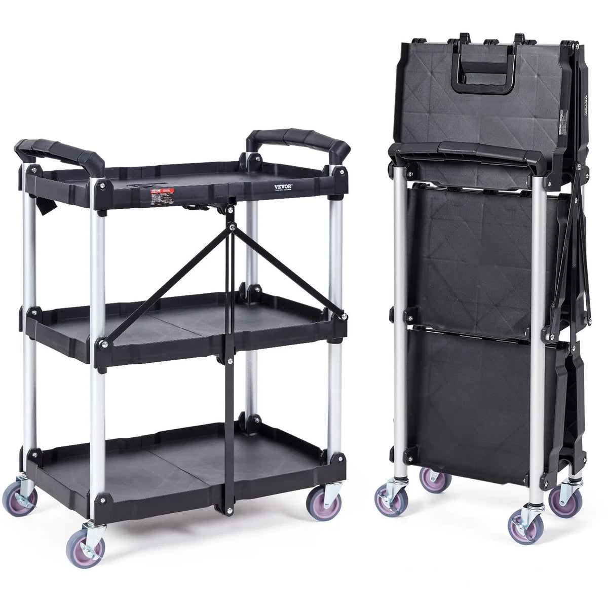 VEVOR Foldable Plastic Service Cart with 3 Shelves, 74.8 kg Load Capacity, Lockable Wheels, 65.1 x 39.2 x 83.2 cm
