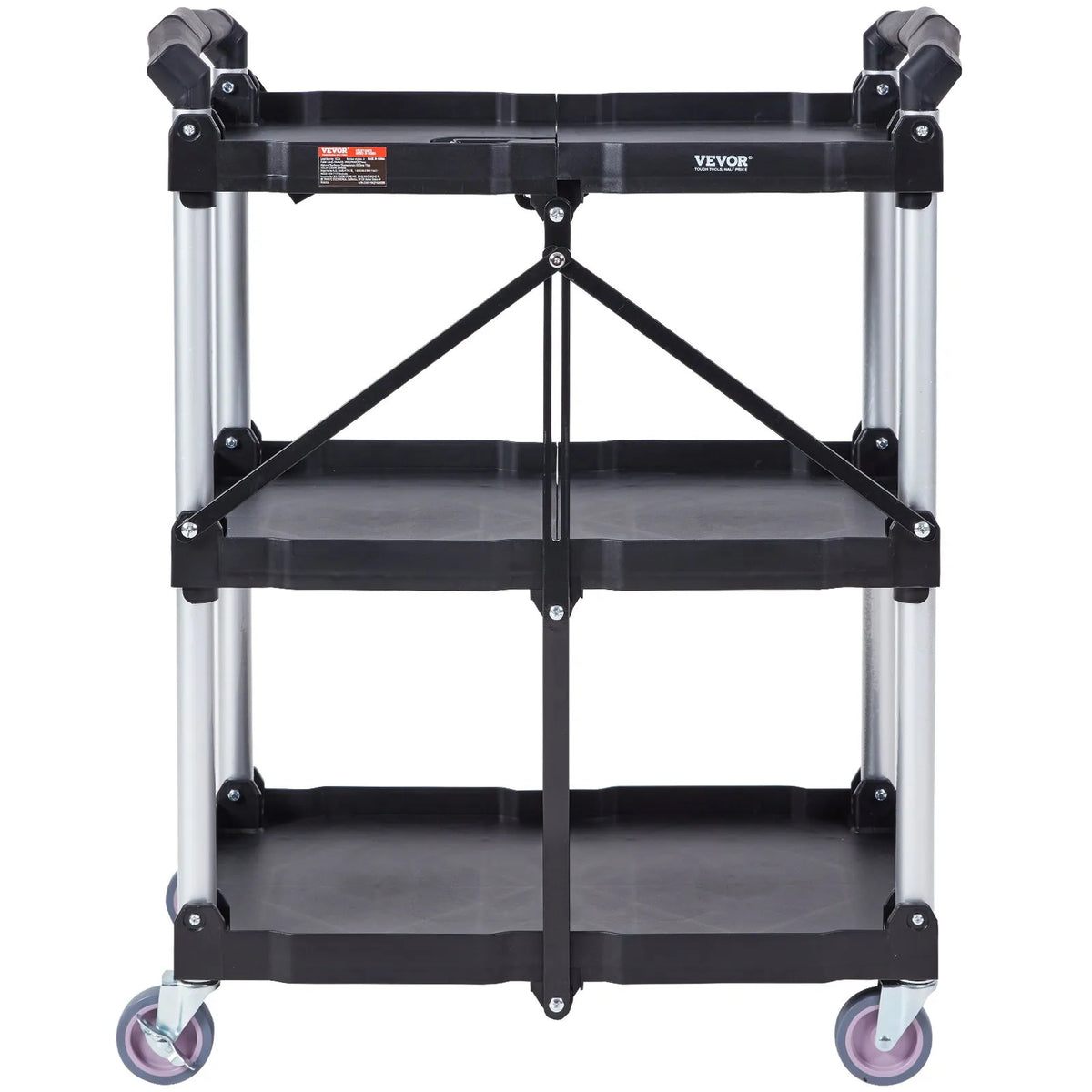VEVOR Foldable Plastic Service Cart with 3 Shelves, 74.8 kg Load Capacity, Lockable Wheels, 65.1 x 39.2 x 83.2 cm