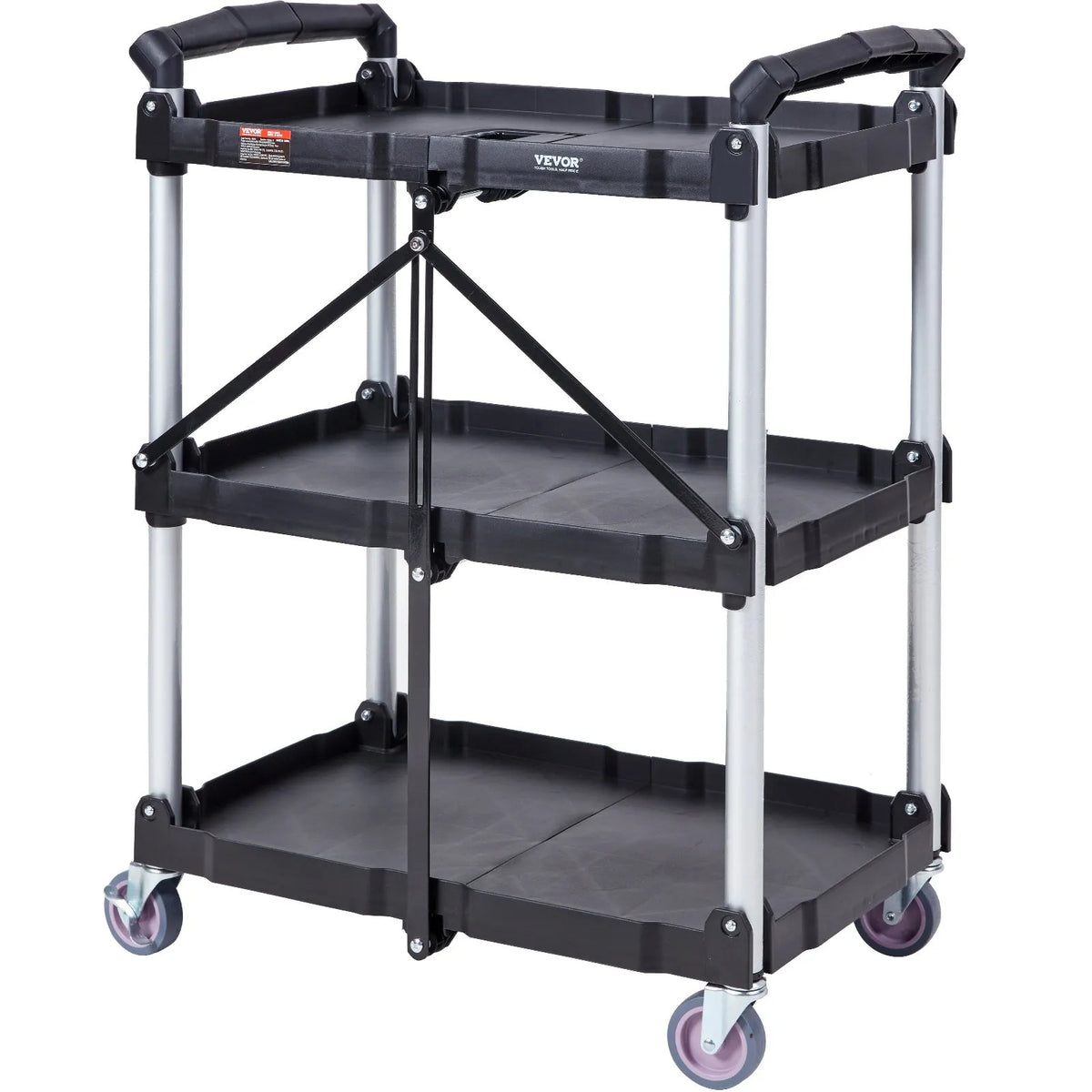 VEVOR Foldable Plastic Service Cart with 3 Shelves, 74.8 kg Load Capacity, Lockable Wheels, 65.1 x 39.2 x 83.2 cm