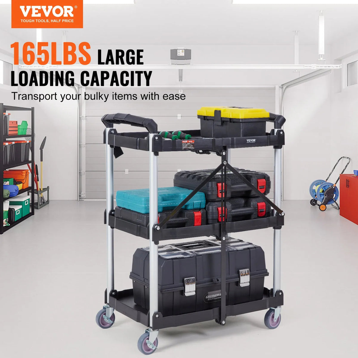 VEVOR Foldable Plastic Service Cart with 3 Shelves, 74.8 kg Load Capacity, Lockable Wheels, 65.1 x 39.2 x 83.2 cm