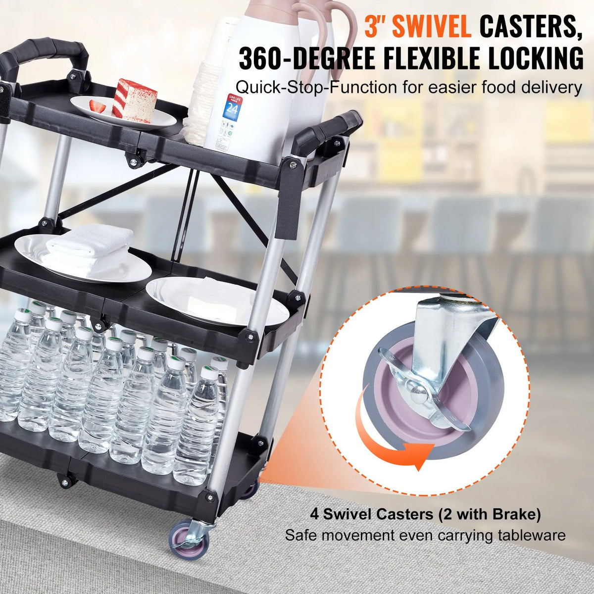VEVOR Foldable Plastic Service Cart with 3 Shelves, 74.8 kg Load Capacity, Lockable Wheels, 65.1 x 39.2 x 83.2 cm