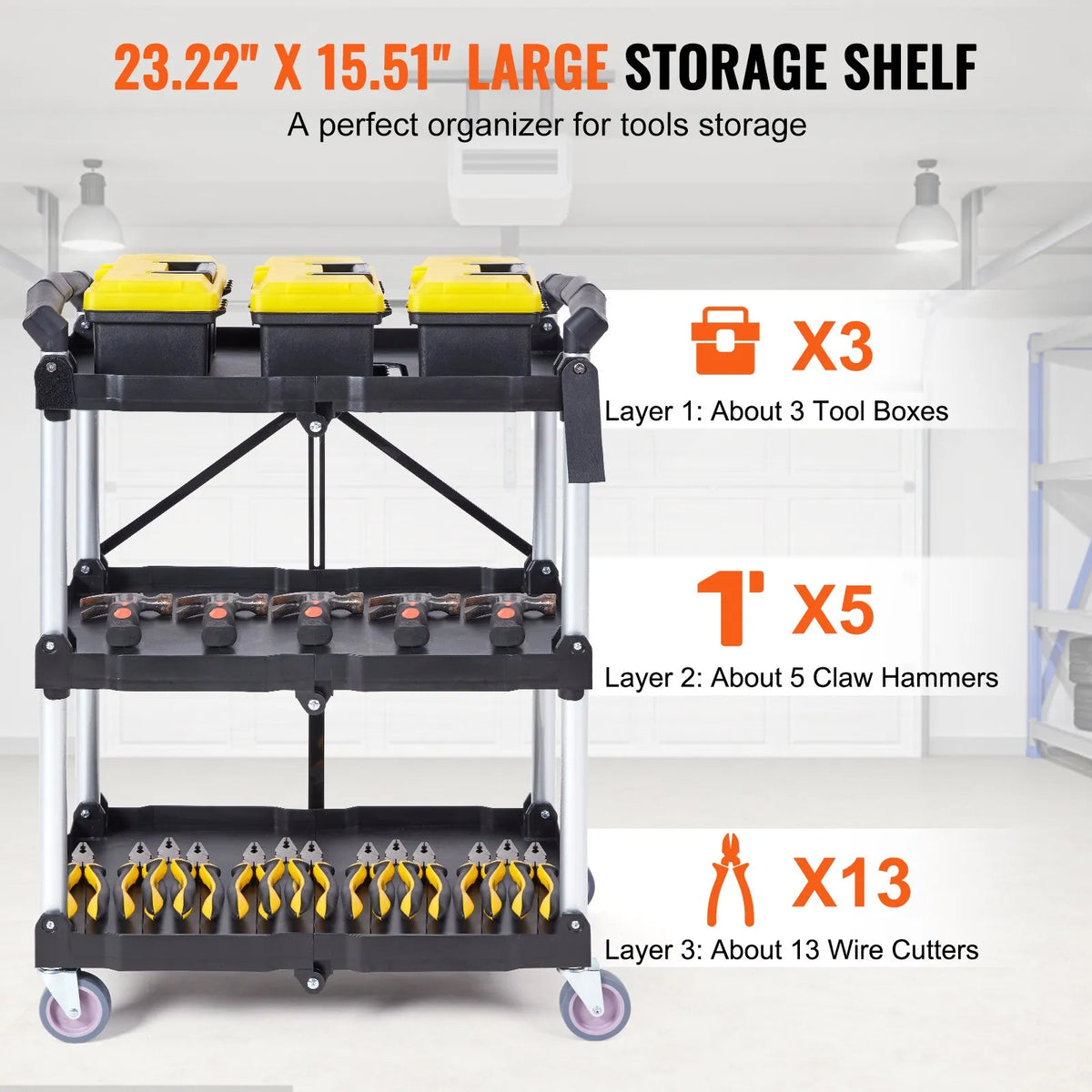 VEVOR Foldable Plastic Service Cart with 3 Shelves, 74.8 kg Load Capacity, Lockable Wheels, 65.1 x 39.2 x 83.2 cm