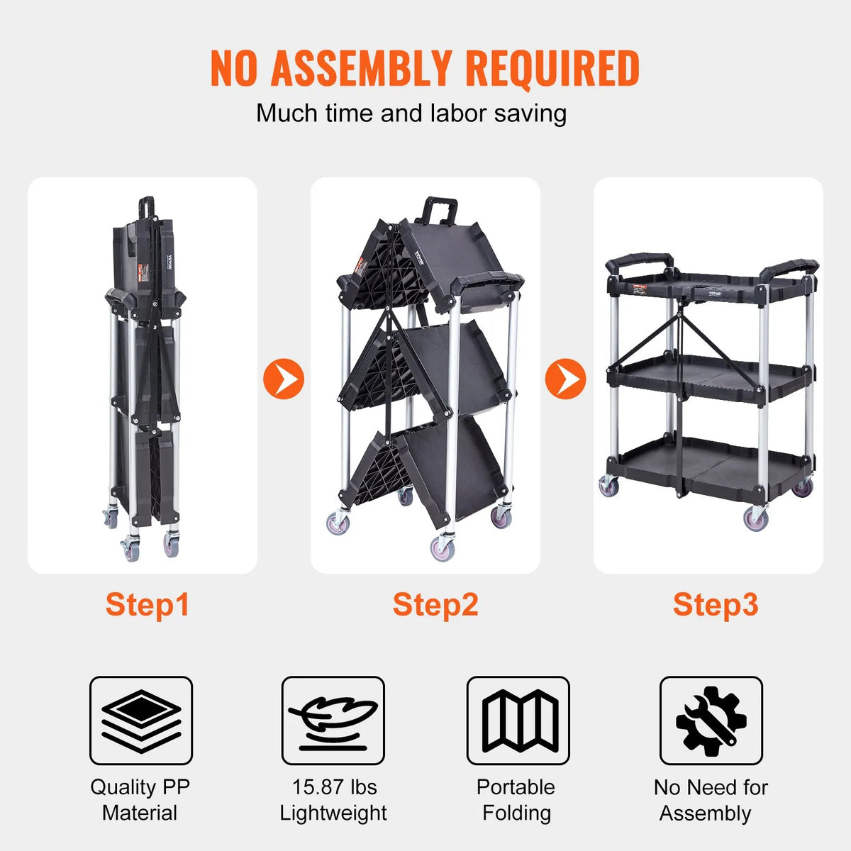 VEVOR Foldable Plastic Service Cart with 3 Shelves, 74.8 kg Load Capacity, Lockable Wheels, 65.1 x 39.2 x 83.2 cm