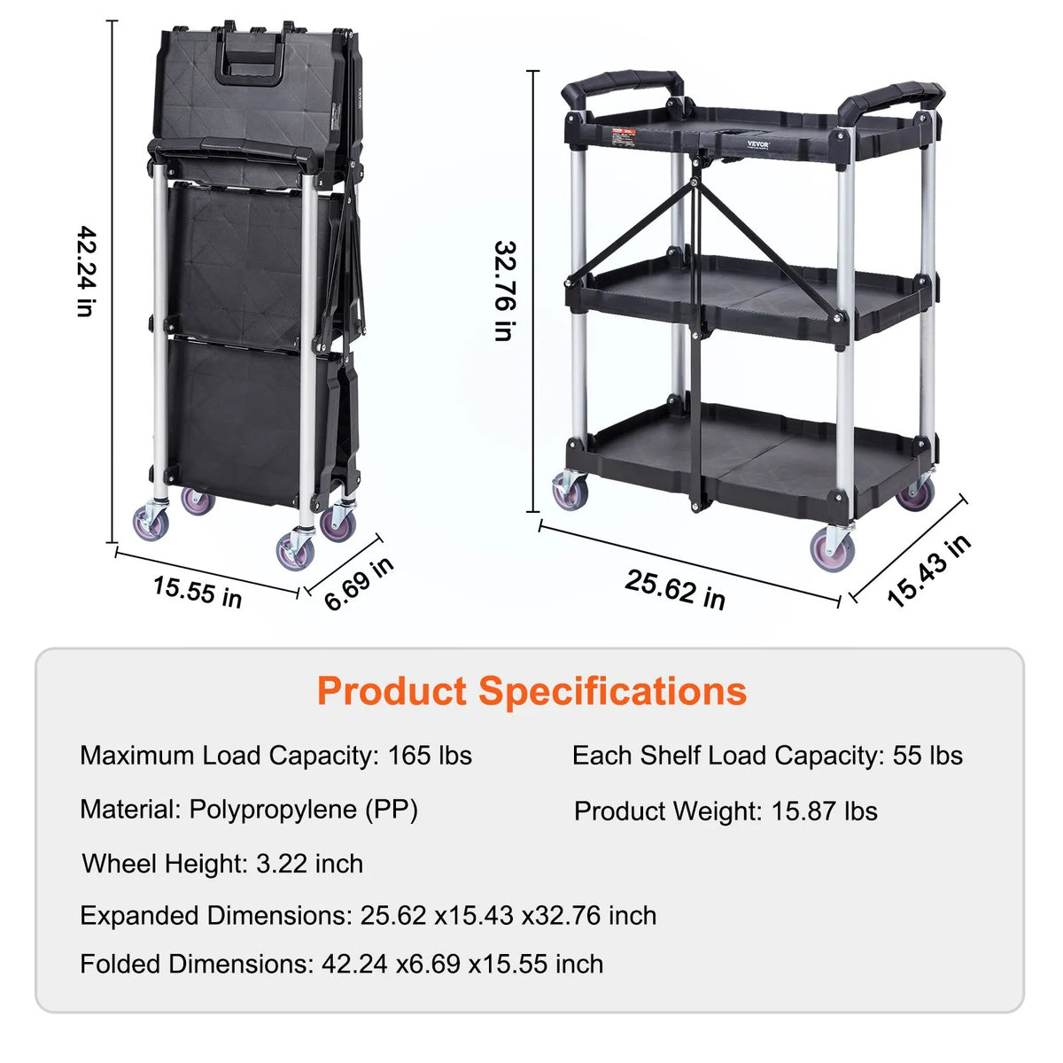VEVOR Foldable Plastic Service Cart with 3 Shelves, 74.8 kg Load Capacity, Lockable Wheels, 65.1 x 39.2 x 83.2 cm