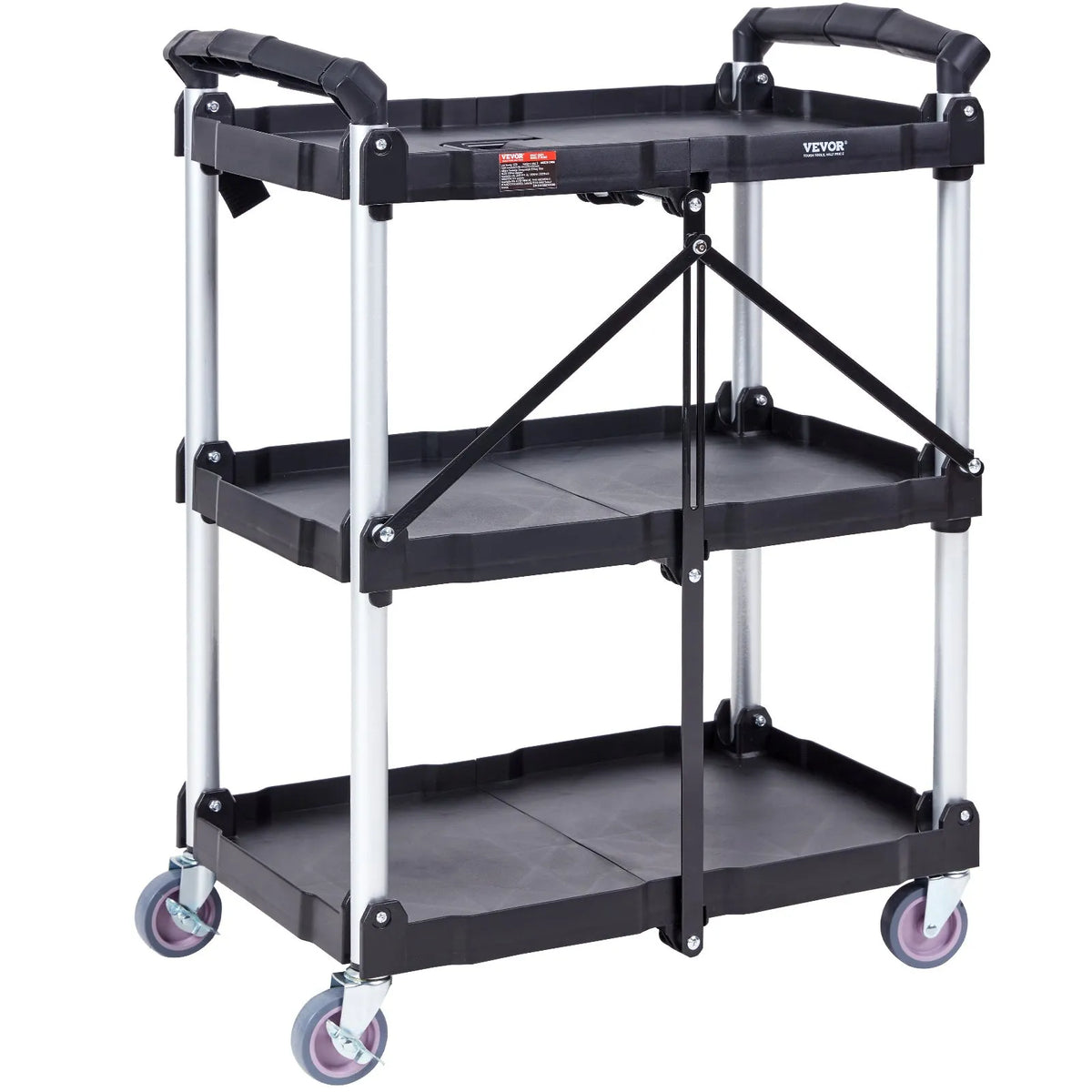 VEVOR Foldable Plastic Service Cart with 3 Shelves, 74.8 kg Load Capacity, Lockable Wheels, 65.1 x 39.2 x 83.2 cm