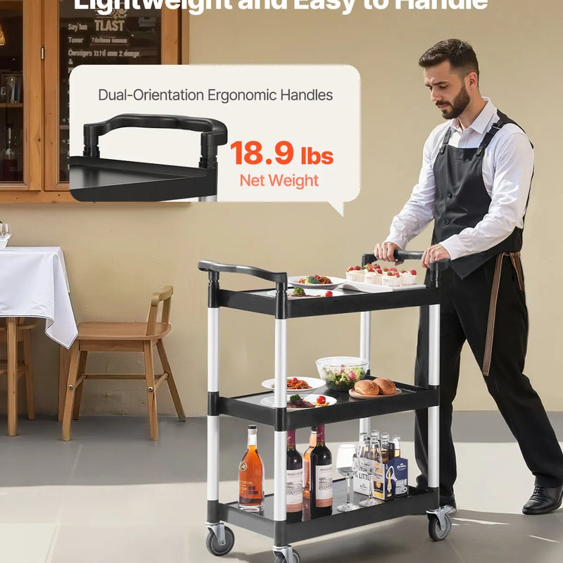 VEVOR 3 līmeņu plastmasas servisa ratiņi, 136 kg, 62 × 40,9 cm, ar 360° grozāmiem riteņiem un bremzēm