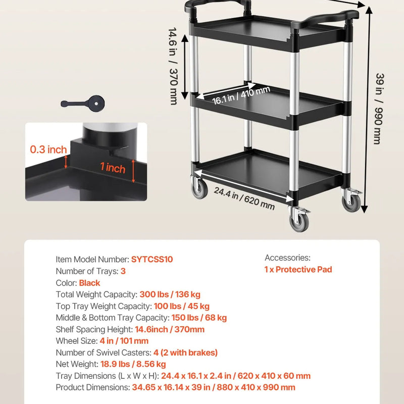 VEVOR 3 līmeņu plastmasas servisa ratiņi, 136 kg, 62 × 40,9 cm, ar 360° grozāmiem riteņiem un bremzēm