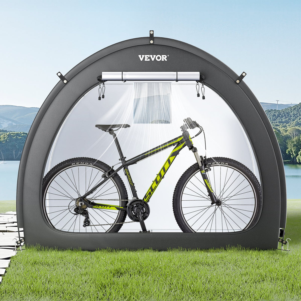 VEVOR āra velosipēdu uzglabāšanas telts, ventilatora formas divdurvju velosipēda nojume 4–5 velosipēdiem