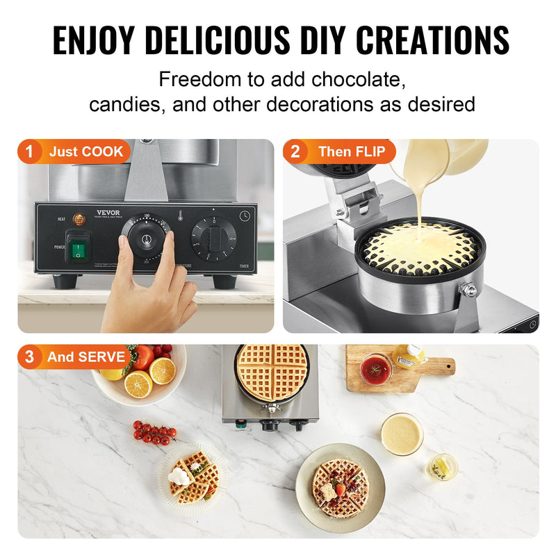 VEVOR Komerciālā Apaļu Vafeļu Cepšanas iekārta, 1230W, Nelīpoša Virsma