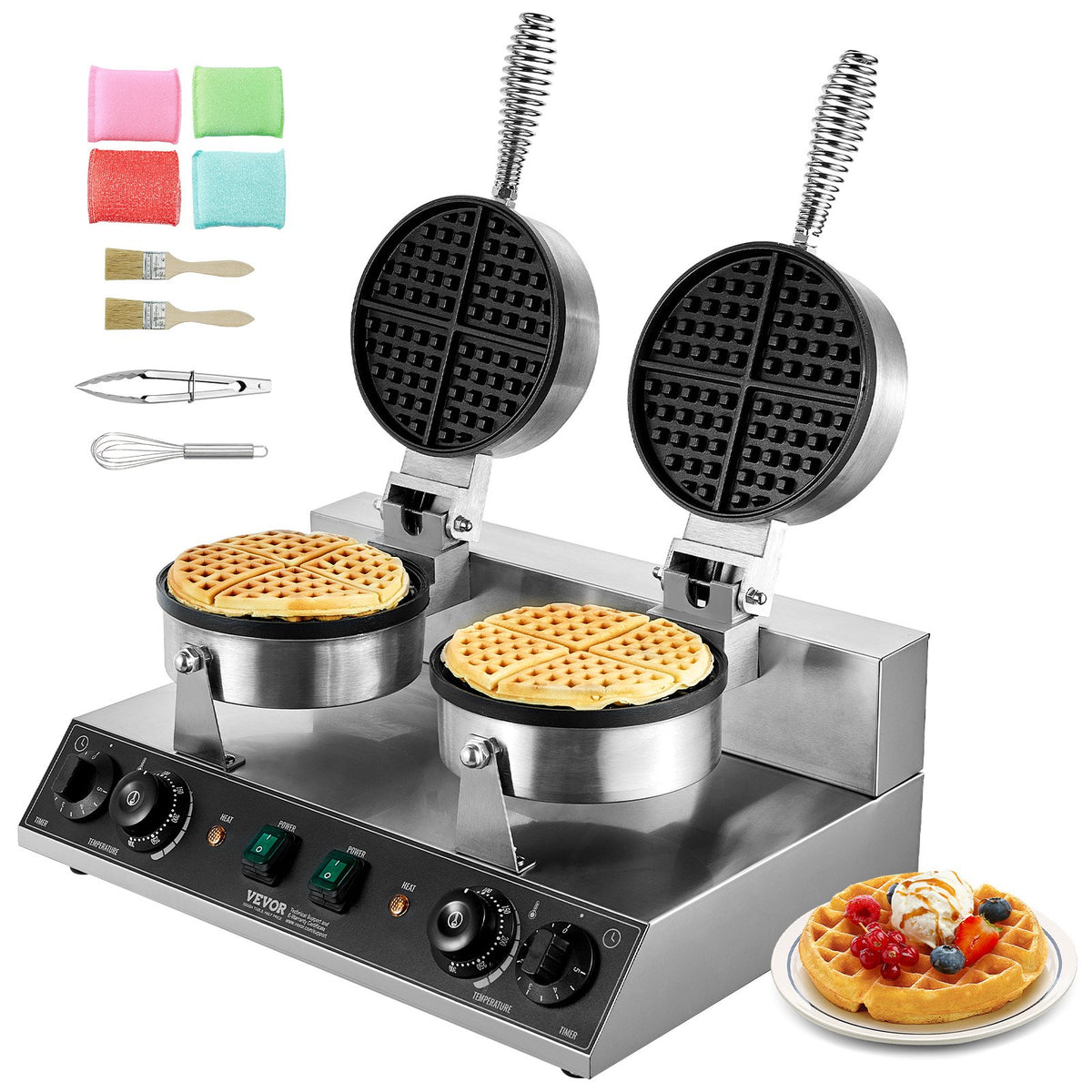 VEVOR Commercial Waffle Maker with 2 Heads, Round Waffles, 2460 W