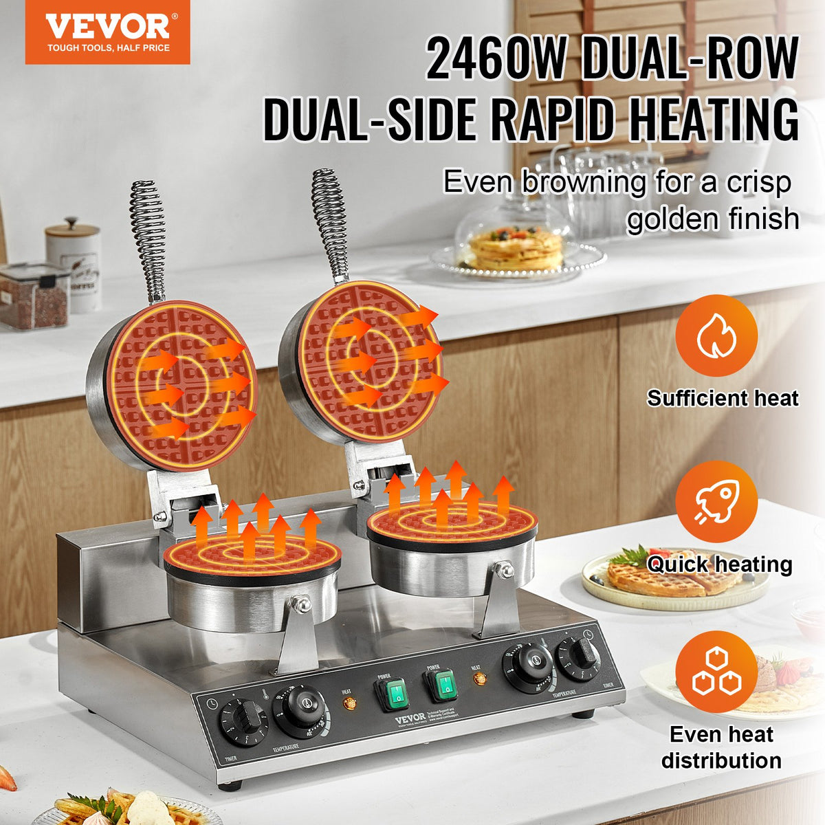 VEVOR Commercial Waffle Maker with 2 Heads, Round Waffles, 2460 W