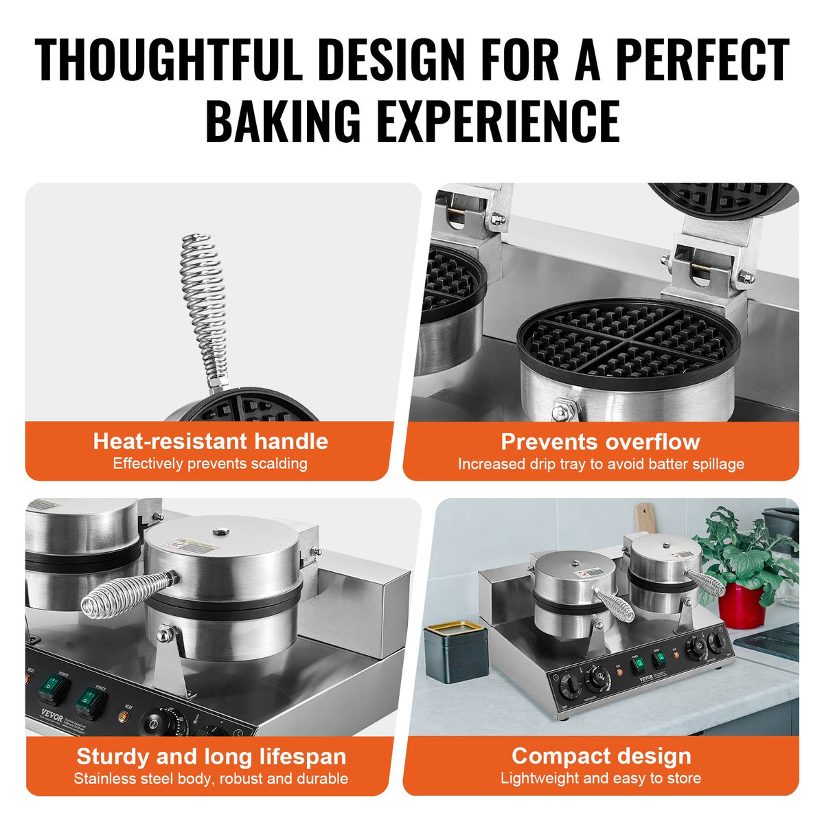 VEVOR Commercial Waffle Maker with 2 Heads, Round Waffles, 2460 W