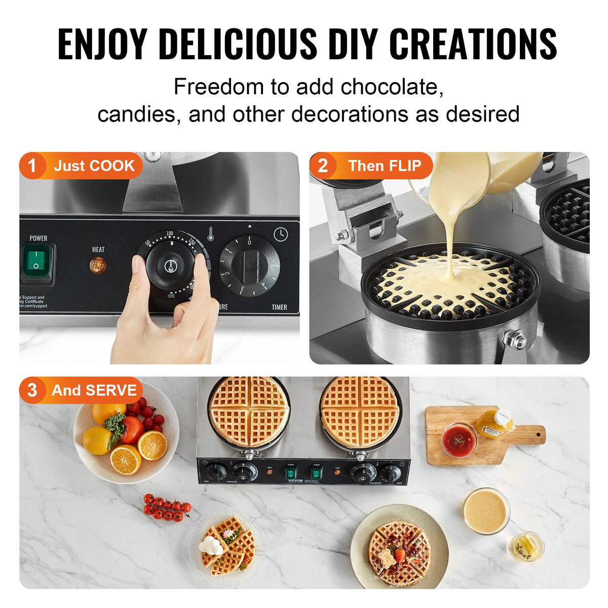 VEVOR Commercial Waffle Maker with 2 Heads, Round Waffles, 2460 W