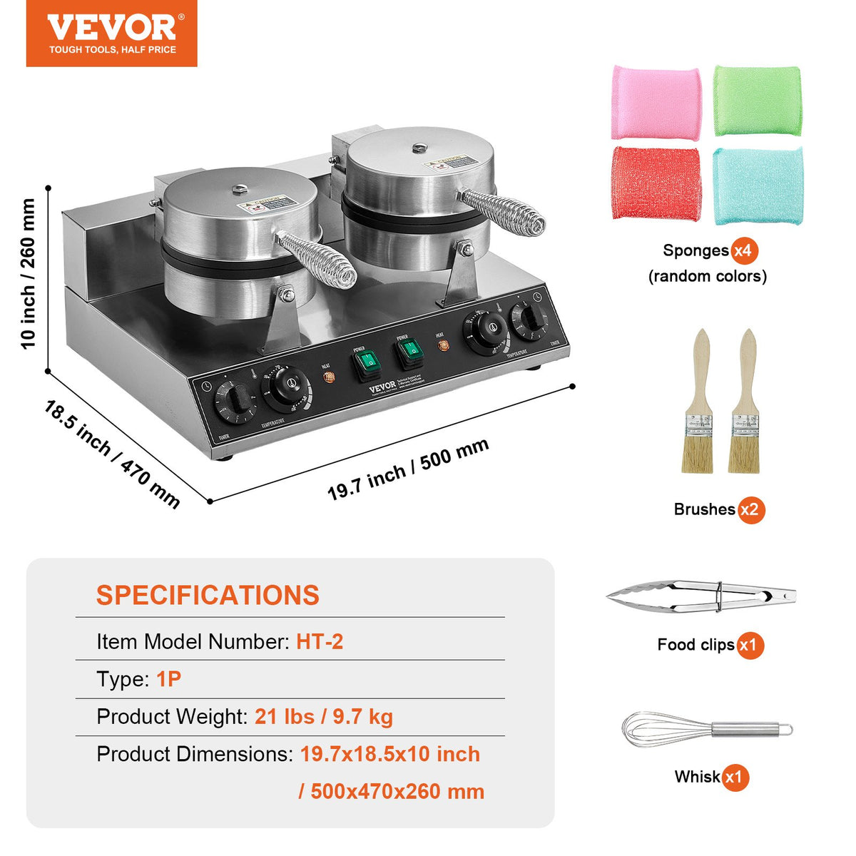 VEVOR Commercial Waffle Maker with 2 Heads, Round Waffles, 2460 W