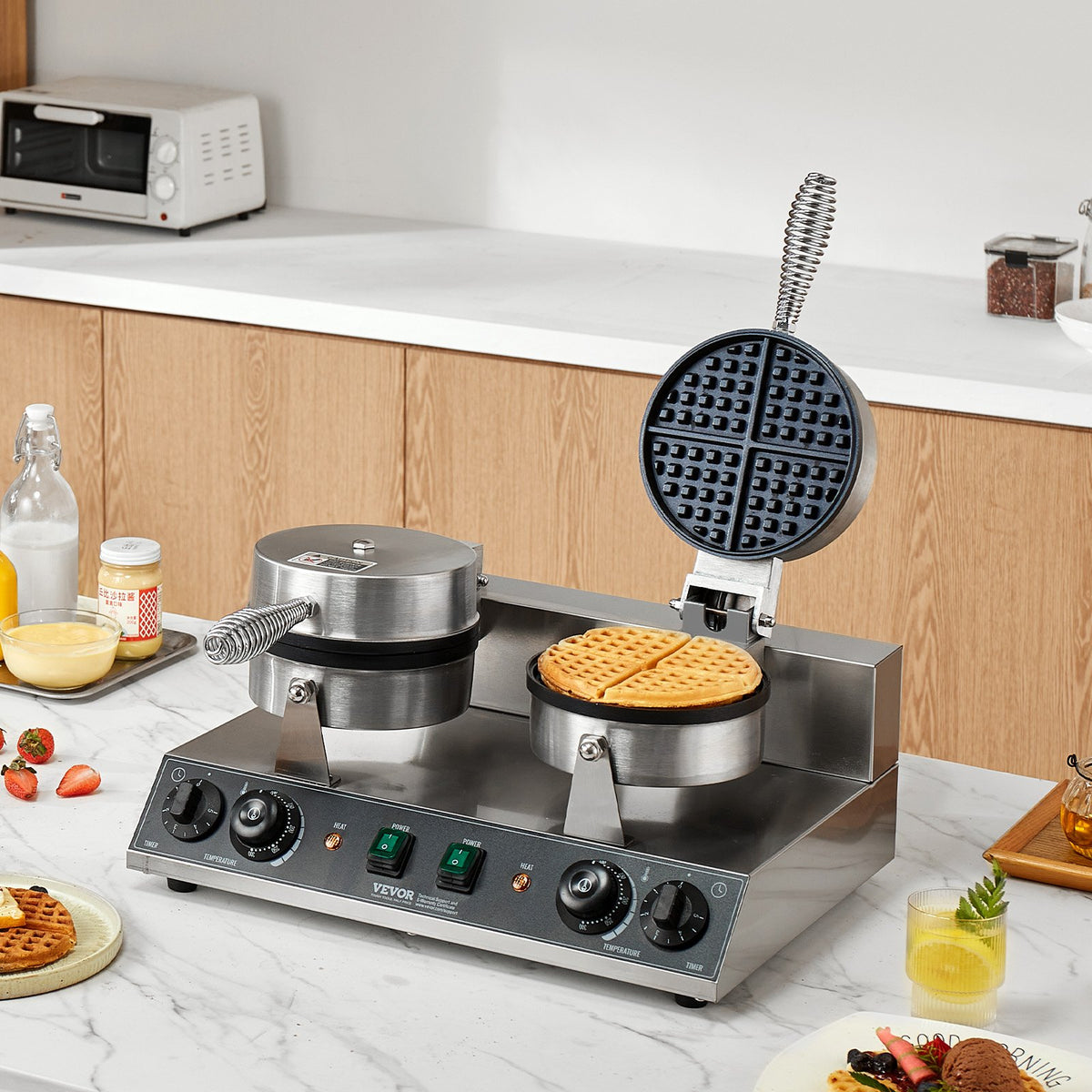 VEVOR Commercial Waffle Maker with 2 Heads, Round Waffles, 2460 W