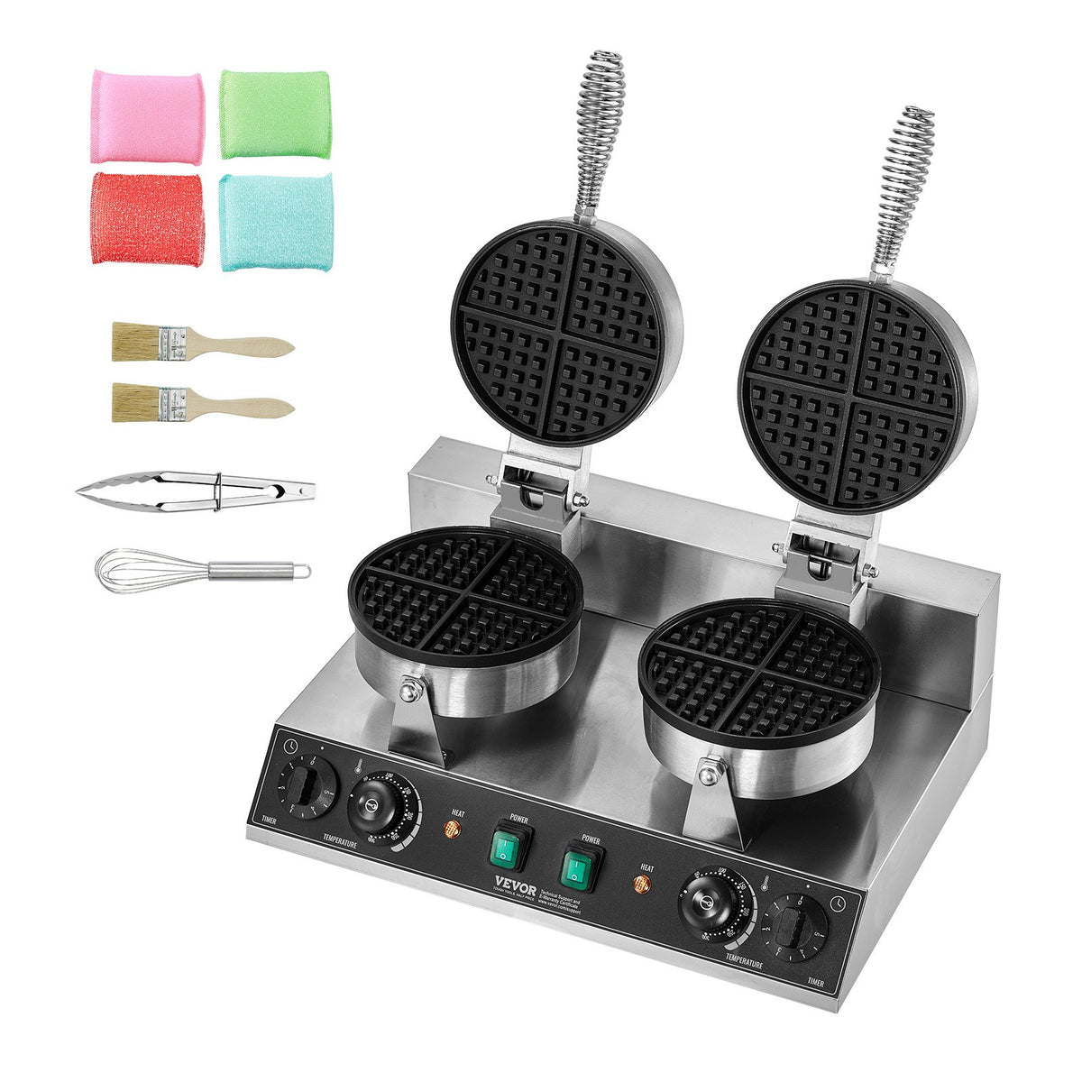 VEVOR Commercial Waffle Maker with 2 Heads, Round Waffles, 2460 W