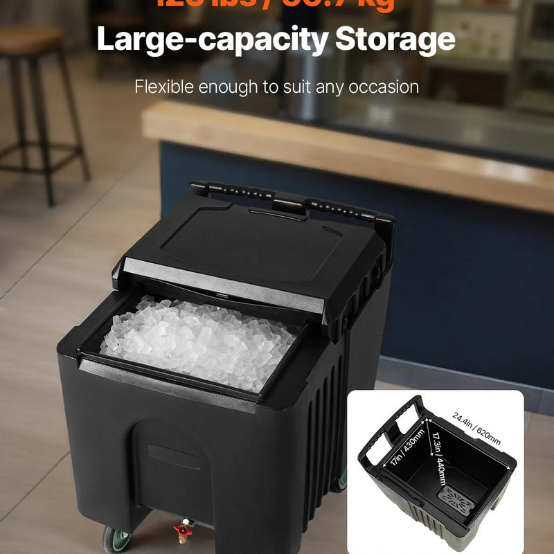 Komerciālais ledus konteiners 57 kg, pārnēsājams ledus ratiņš ar izolāciju, 80 x 58 x 74 cm, ar 4 riteņiem un bīdāmu vāku, piemērots ēdināšanai, virtuvēm, bāriem un restorāniem