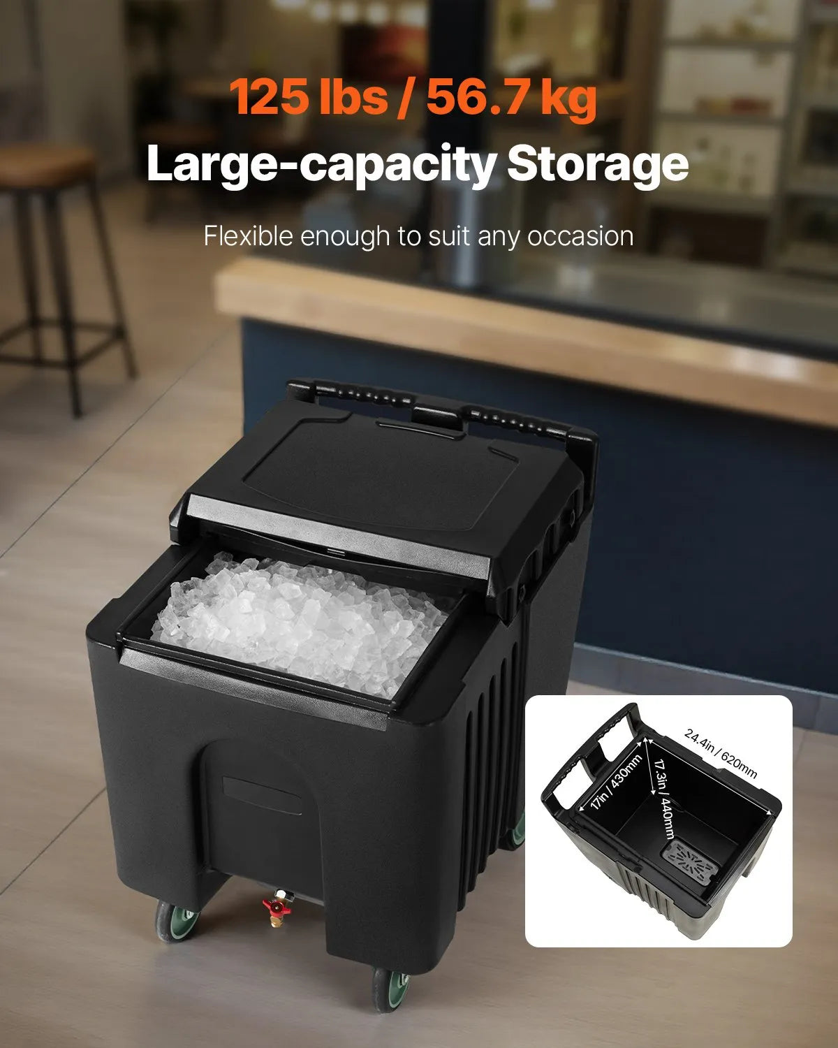 VEVOR Commercial Ice Container 57 kg, Insulated Ice Cart 80 × 58 × 74 cm with 4 Wheels and Sliding Lid