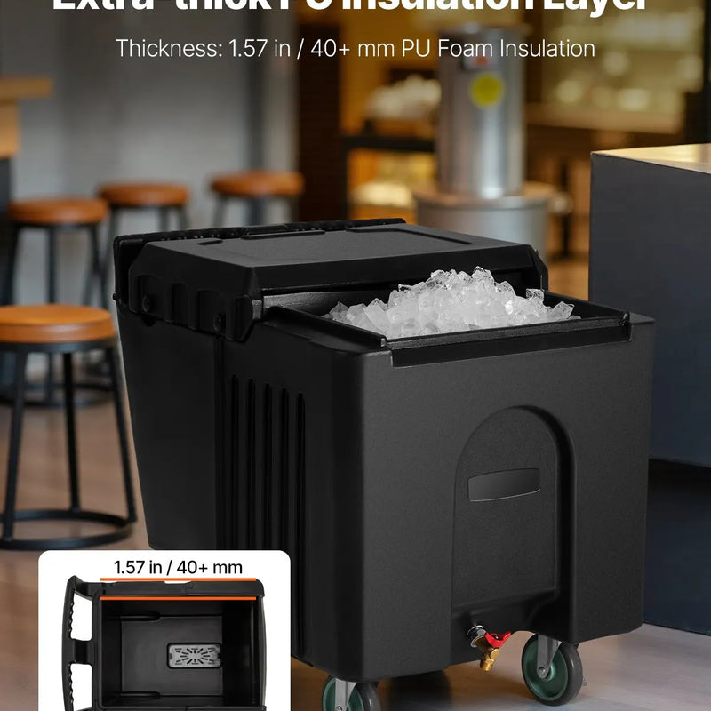 Komerciālais ledus konteiners 57 kg, pārnēsājams ledus ratiņš ar izolāciju, 80 x 58 x 74 cm, ar 4 riteņiem un bīdāmu vāku, piemērots ēdināšanai, virtuvēm, bāriem un restorāniem