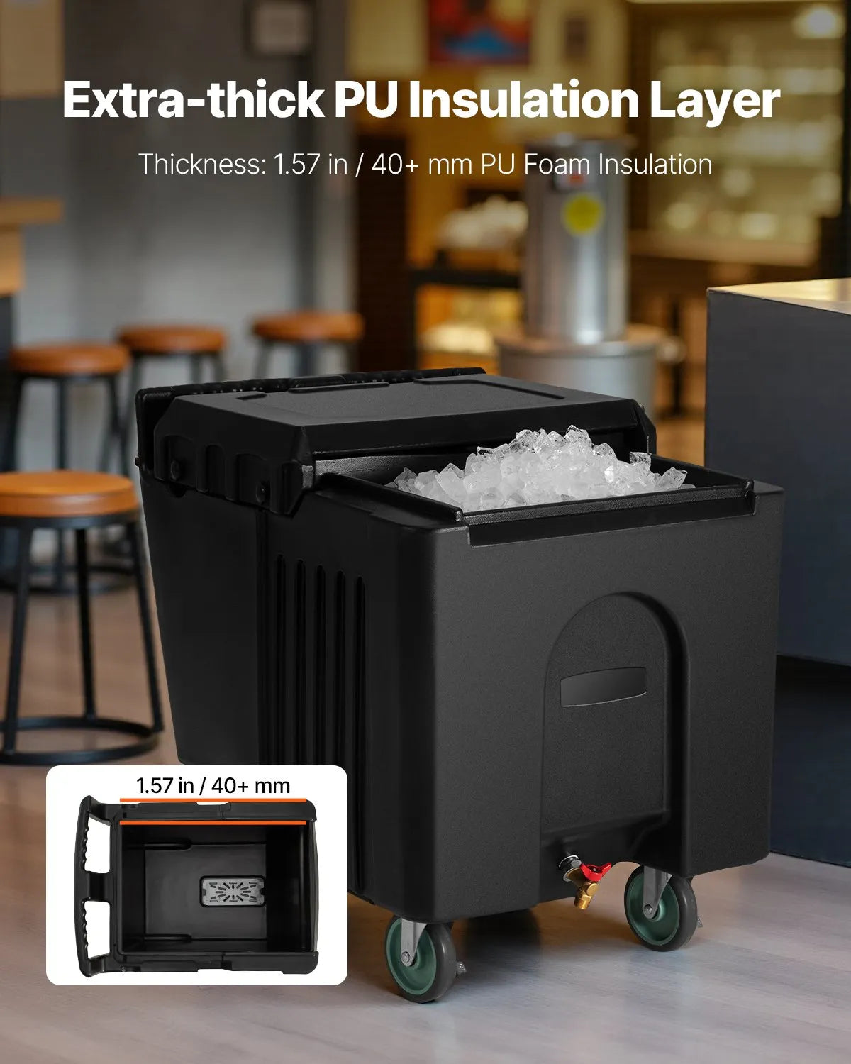 VEVOR Commercial Ice Container 57 kg, Insulated Ice Cart 80 × 58 × 74 cm with 4 Wheels and Sliding Lid