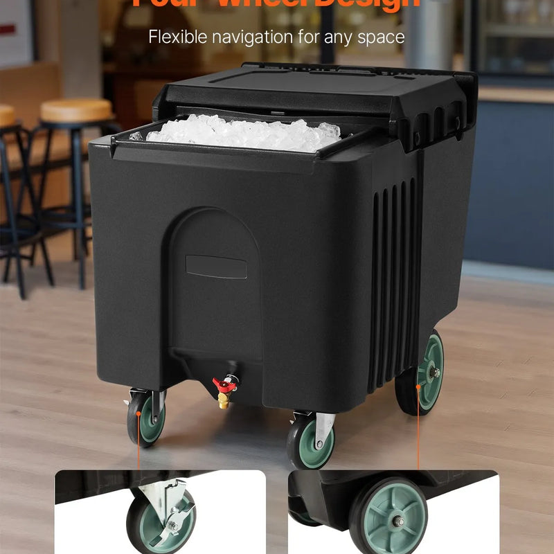 Komerciālais ledus konteiners 57 kg, pārnēsājams ledus ratiņš ar izolāciju, 80 x 58 x 74 cm, ar 4 riteņiem un bīdāmu vāku, piemērots ēdināšanai, virtuvēm, bāriem un restorāniem